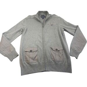 American Rag Mens Gray Full Zip Utility Cardigan Sweater Elbow Patch Cotton Lrg